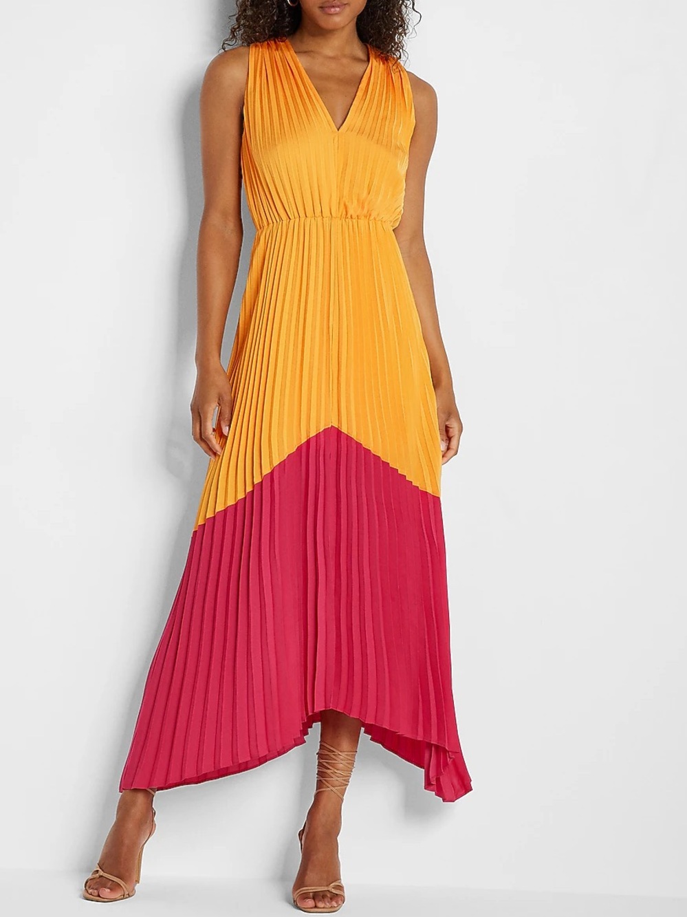 Express Colorblock Pleated Maxi V-Neck Dress